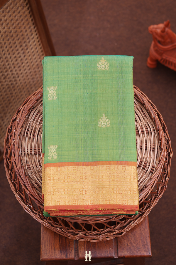 Kanchipuram Silk Saree In Fern Green With Zari Buttas