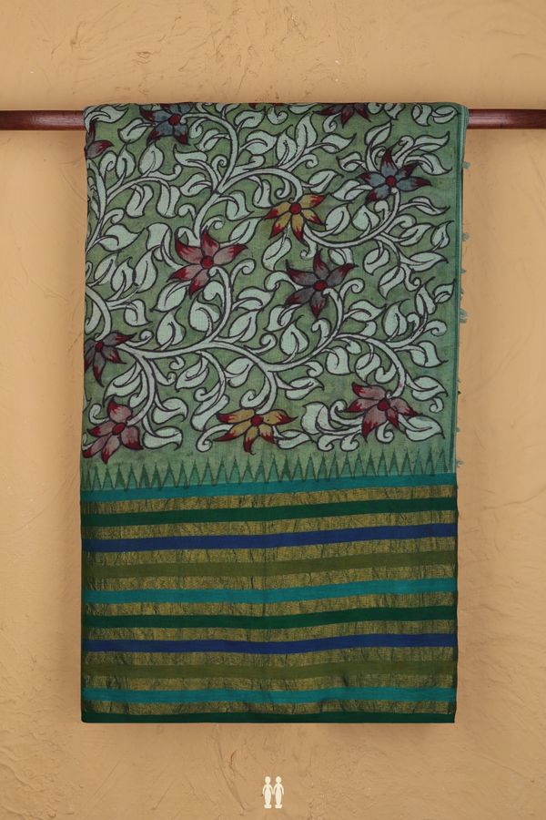 Kanchipuram Silk Saree In Green With Floral Hand Painted