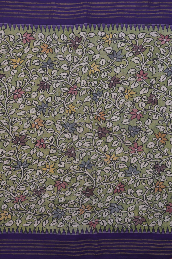 Kanchipuram Silk Saree In Green With Floral Hand Painted