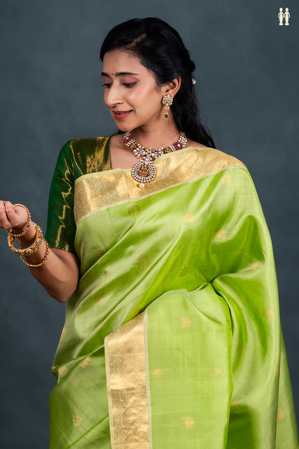 Kanchipuram Silk Saree In Green With Zari Buttas