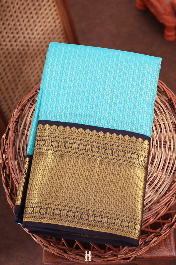 Kanchipuram Silk Saree In Greenish Blue With Stripes Design