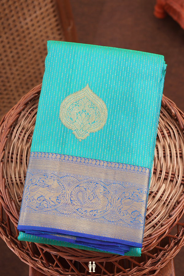 Kanchipuram Silk Saree In Greenish Blue With Stripes Design