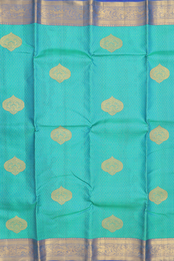 Kanchipuram Silk Saree In Greenish Blue With Stripes Design
