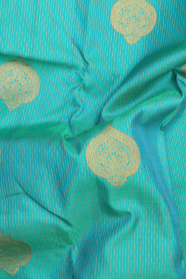 Kanchipuram Silk Saree In Greenish Blue With Stripes Design