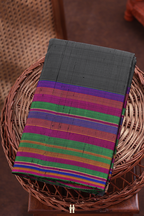 Kanchipuram Silk Saree In Grey And Black With Stripes Border