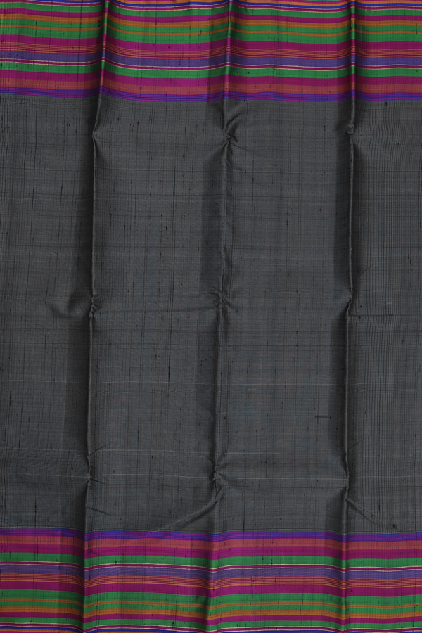 Kanchipuram Silk Saree In Grey And Black With Stripes Border
