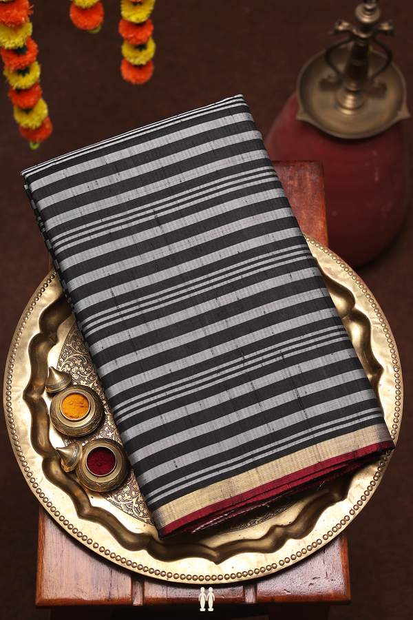 Kanchipuram Silk Saree In Grey And Black With Stripes Design