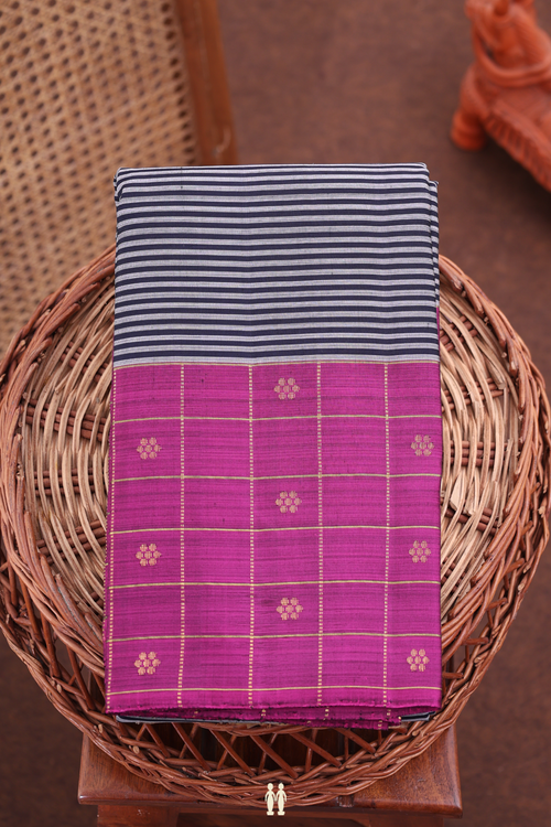 Kanchipuram Silk Saree In Grey And Black With Stripes Design