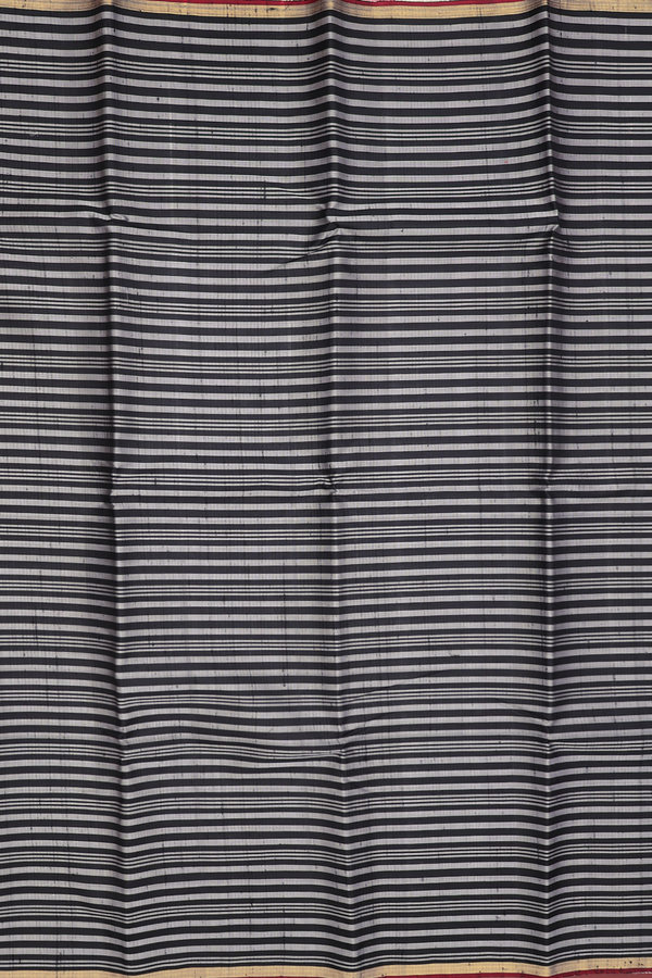 Kanchipuram Silk Saree In Grey And Black With Stripes Design