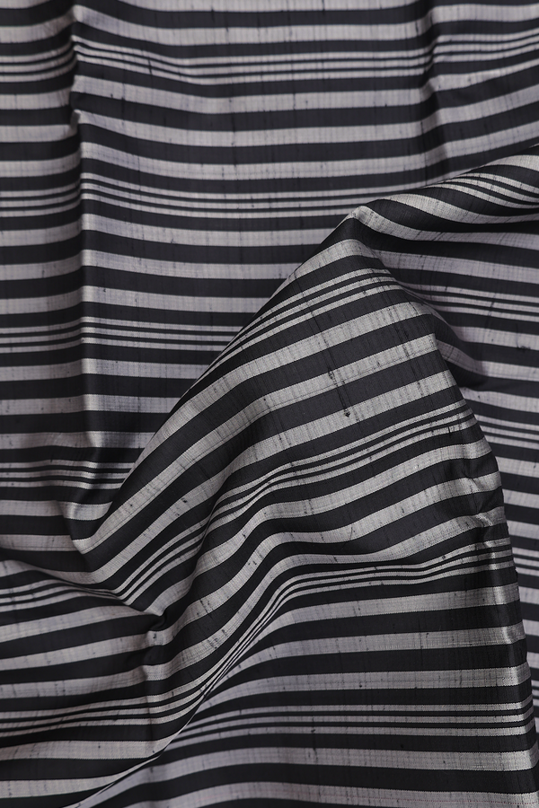 Kanchipuram Silk Saree In Grey And Black With Stripes Design