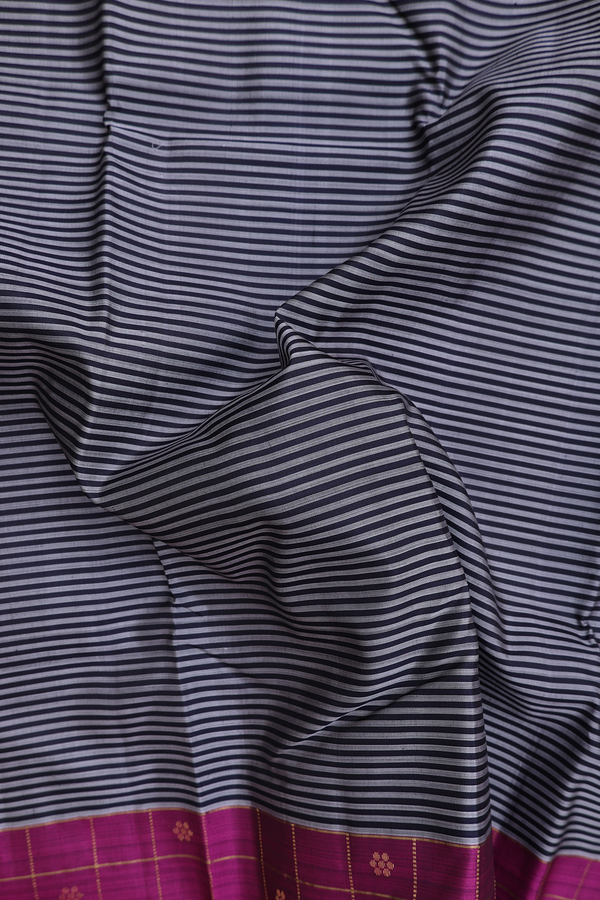 Kanchipuram Silk Saree In Grey And Black With Stripes Design