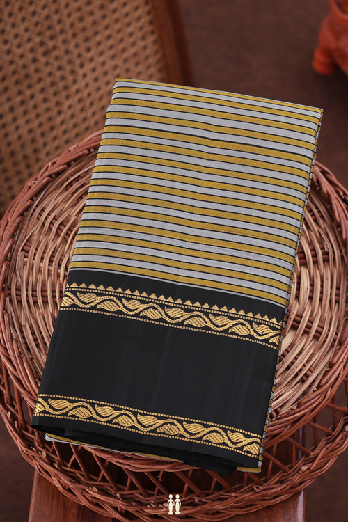 Kanchipuram Silk Saree In Grey And Yellow With Stripes Design