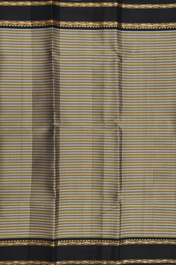 Kanchipuram Silk Saree In Grey And Yellow With Stripes Design