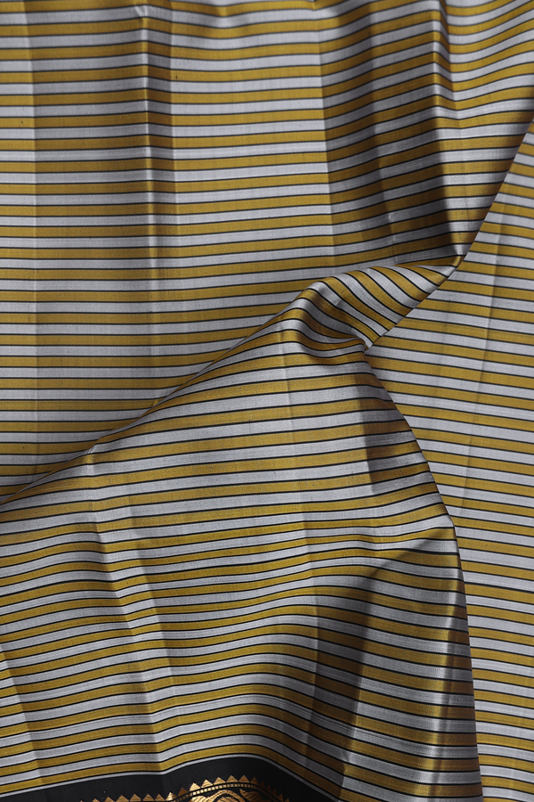Kanchipuram Silk Saree In Grey And Yellow With Stripes Design