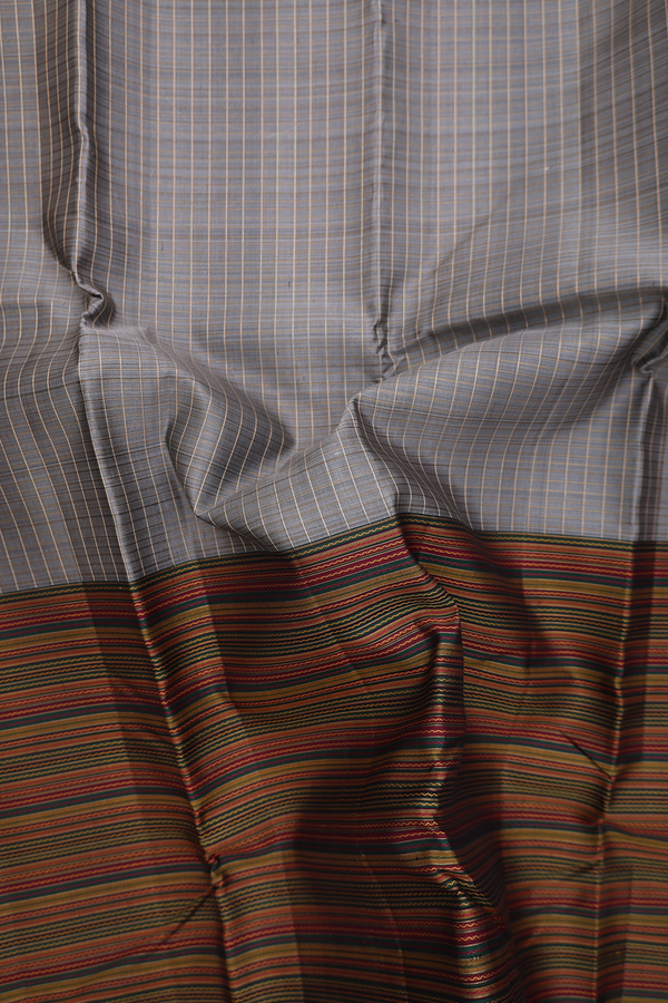 Kanchipuram Silk Saree In Grey With Checks Design