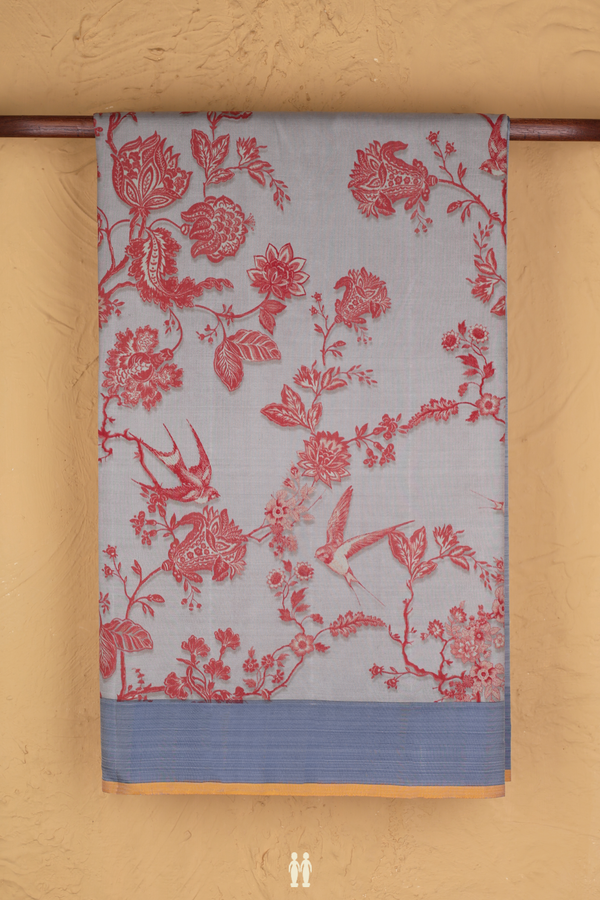 Kanchipuram Silk Saree In Grey With Floral Design