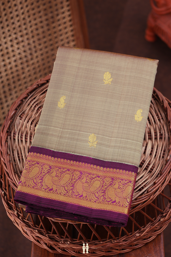 Kanchipuram Silk Saree In Warm Grey With Floral Paisley Buttas