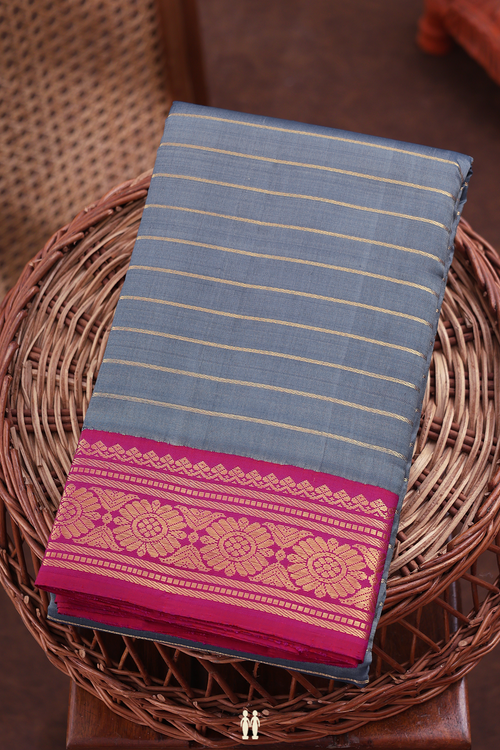 Kanchipuram Silk Saree In Grey With Stripes Design