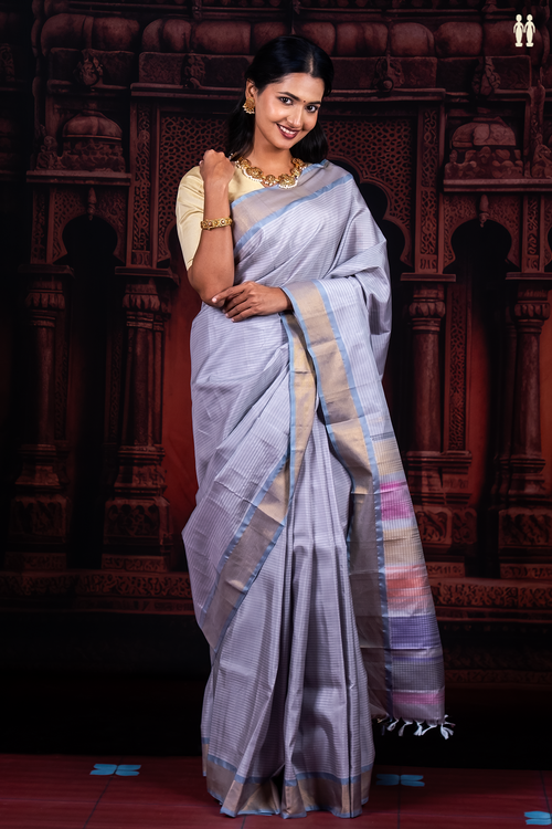 Kanchipuram Silk Saree In Grey With Stripes Design