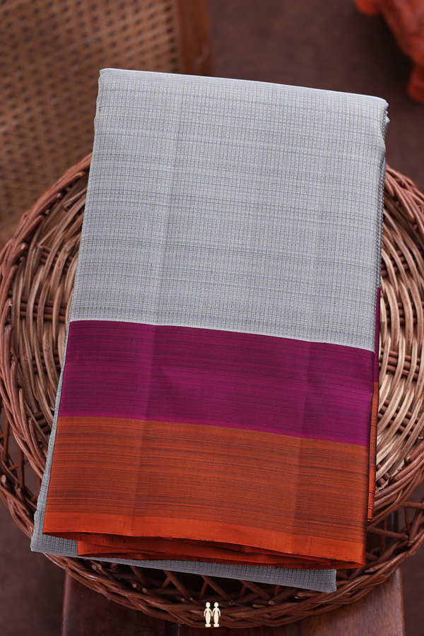 Kanchipuram Silk Saree In Grey With Stripes Design