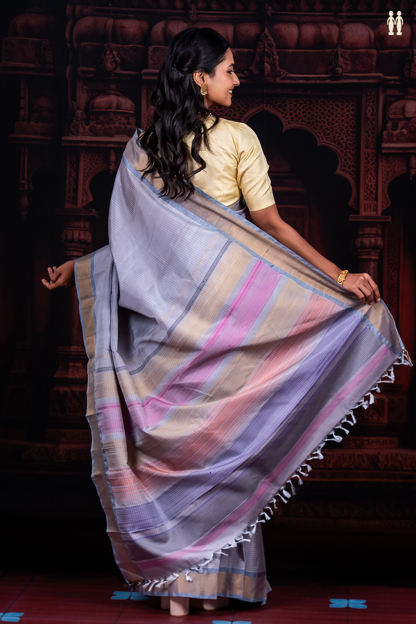 Kanchipuram Silk Saree In Grey With Stripes Design