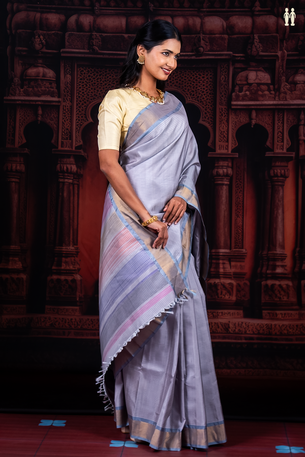 Kanchipuram Silk Saree In Grey With Stripes Design