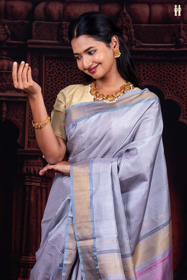 Kanchipuram Silk Saree In Grey With Stripes Design