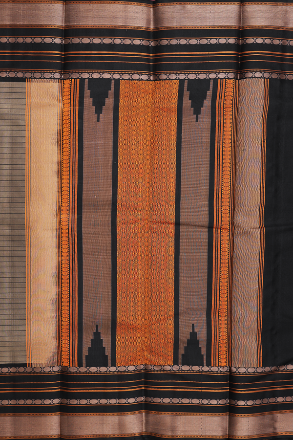 Kanchipuram Silk Saree In Greyish Brown With Stripes Design