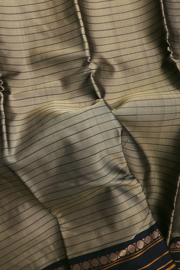 Kanchipuram Silk Saree In Greyish Brown With Stripes Design
