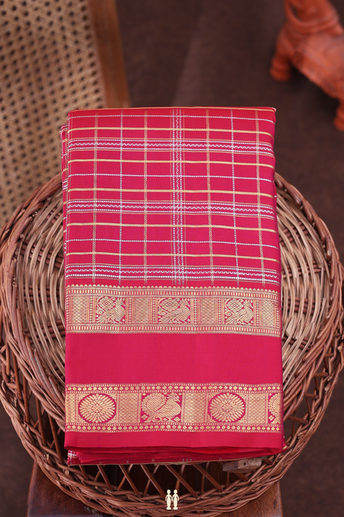 Kanchipuram Silk Saree In Hibiscus Red With Checks Design