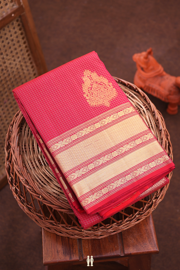 Kanchipuram Silk Saree In Hibiscus Red With Checks Design