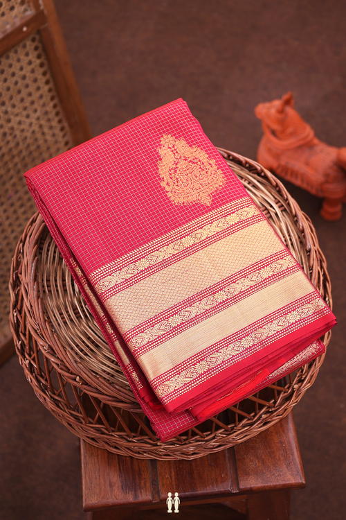 Kanchipuram Silk Saree In Hibiscus Red With Checks Design