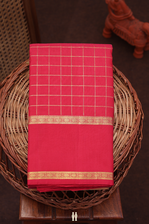 Kanchipuram Silk Saree In Hibiscus Red With Checks Design