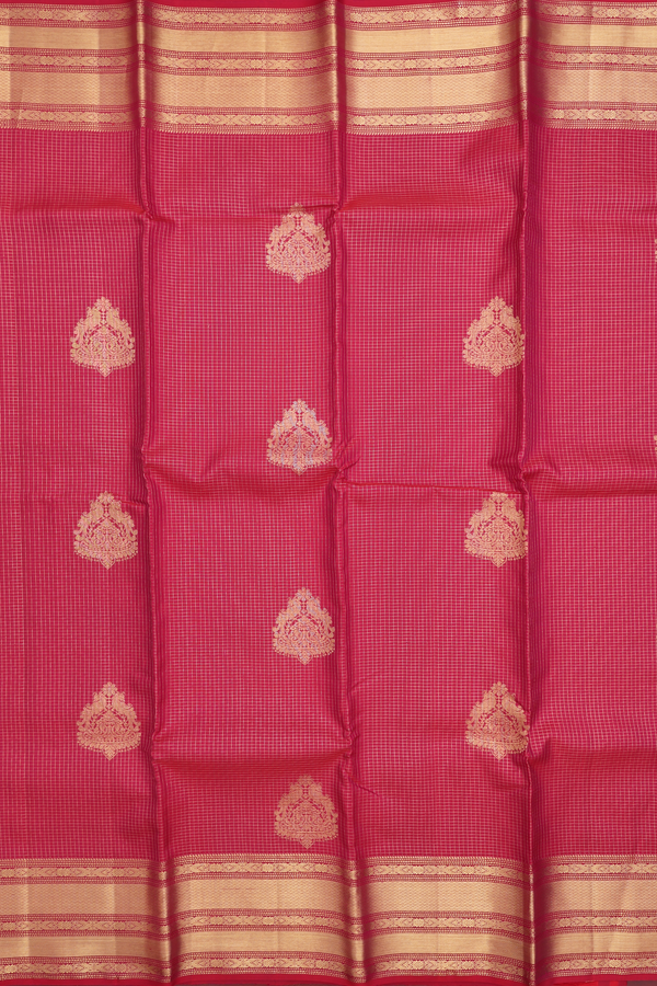 Kanchipuram Silk Saree In Hibiscus Red With Checks Design