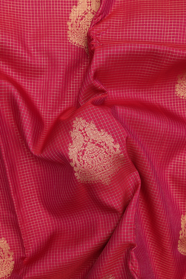 Kanchipuram Silk Saree In Hibiscus Red With Checks Design