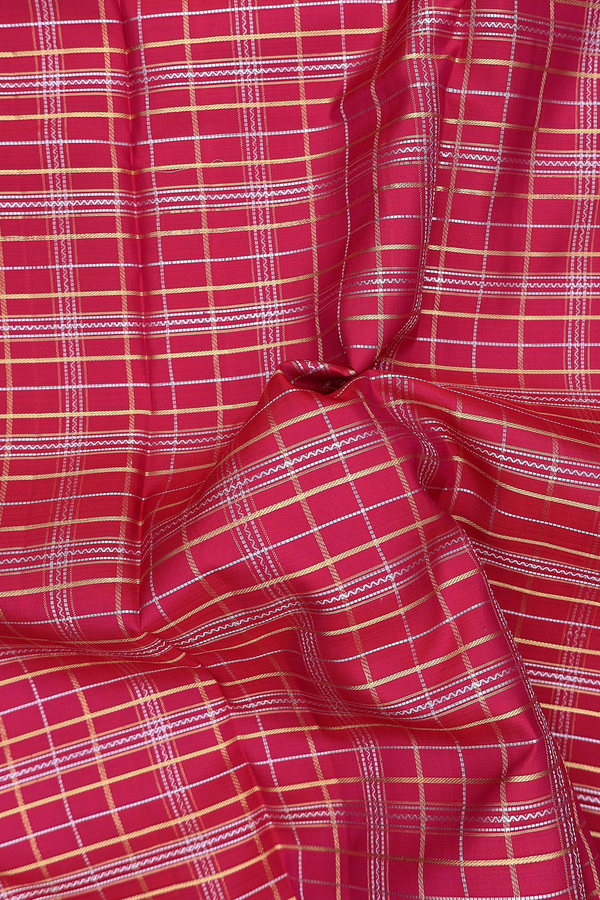 Kanchipuram Silk Saree In Hibiscus Red With Checks Design