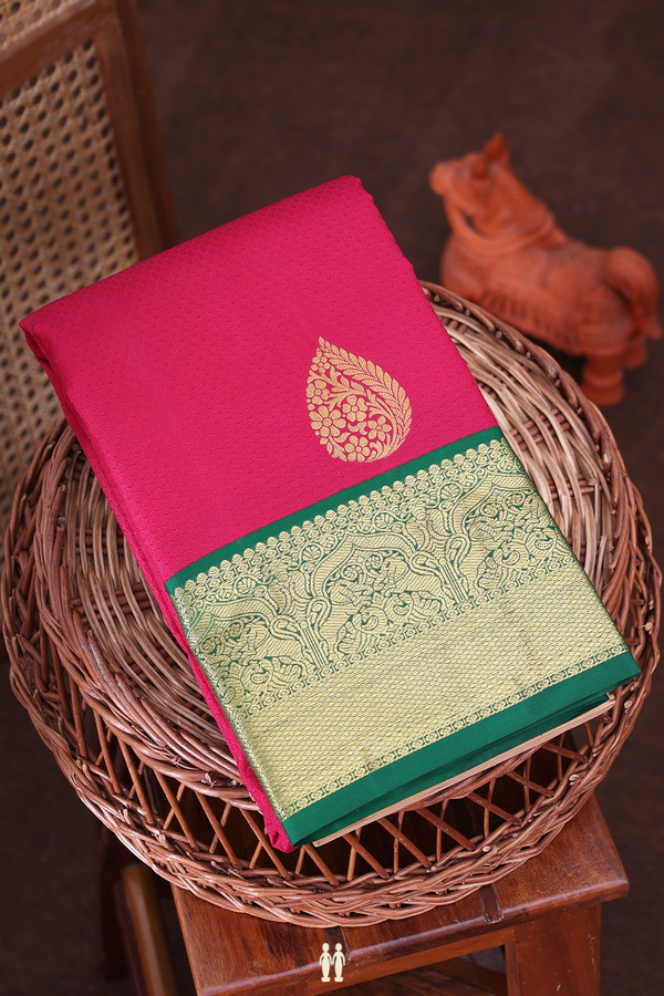 Kanchipuram Silk Saree In Hibiscus Red With Jacquard Pattern