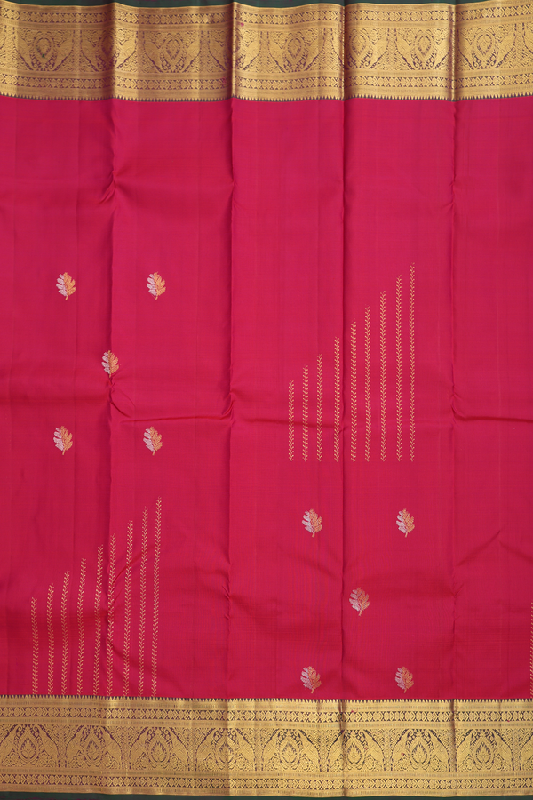 Kanchipuram Silk Saree In Hibiscus Red With Leaf Zari Motifs