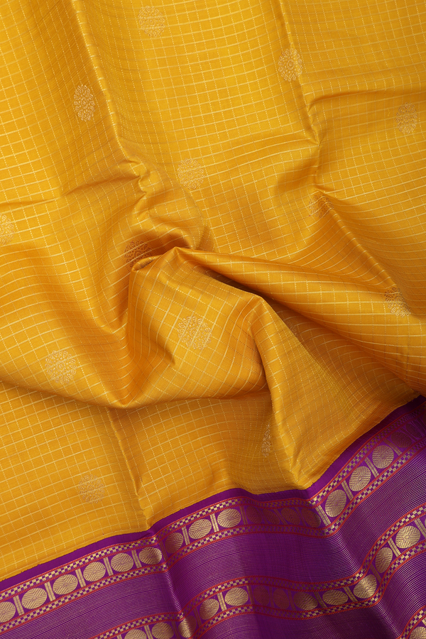Kanchipuram Silk Saree In Honey Yellow With Checks Design