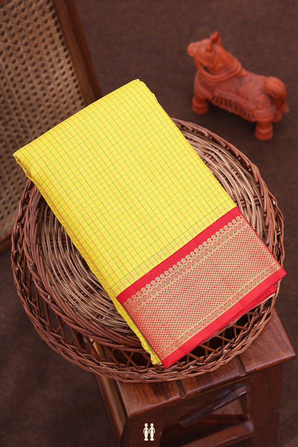 Kanchipuram Silk Saree In Honey Yellow With Checks Design