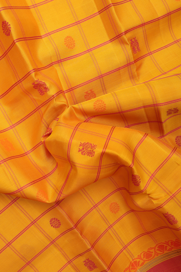 Kanchipuram Silk Saree In Honey Yellow With Checks Design