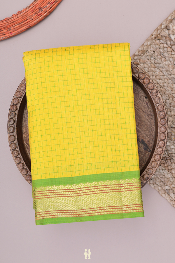 Kanchipuram Silk Saree In Honey Yellow With Checks Design