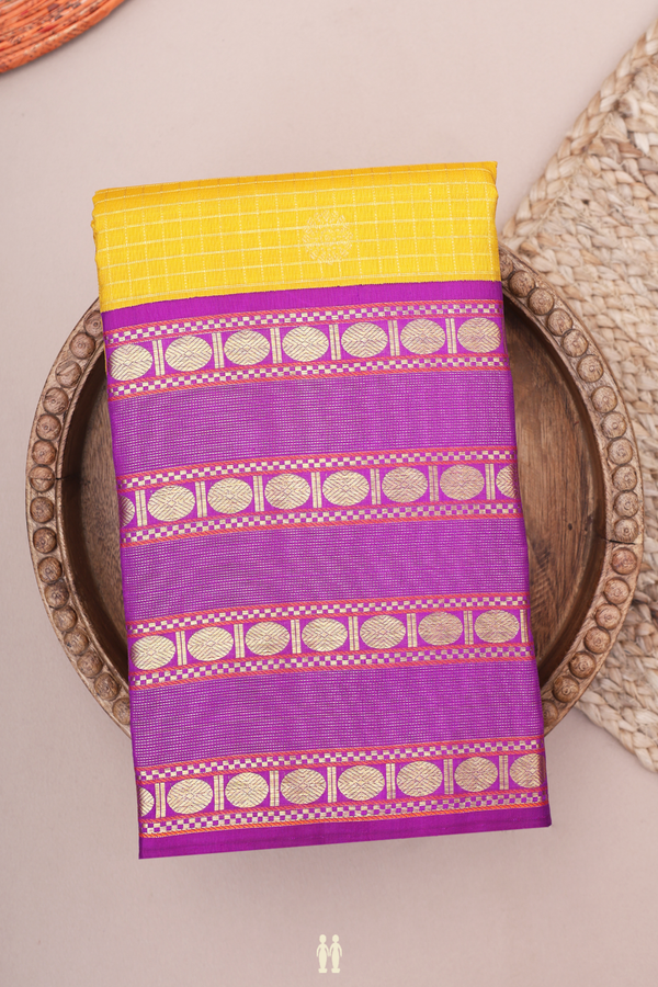Kanchipuram Silk Saree In Honey Yellow With Checks Design