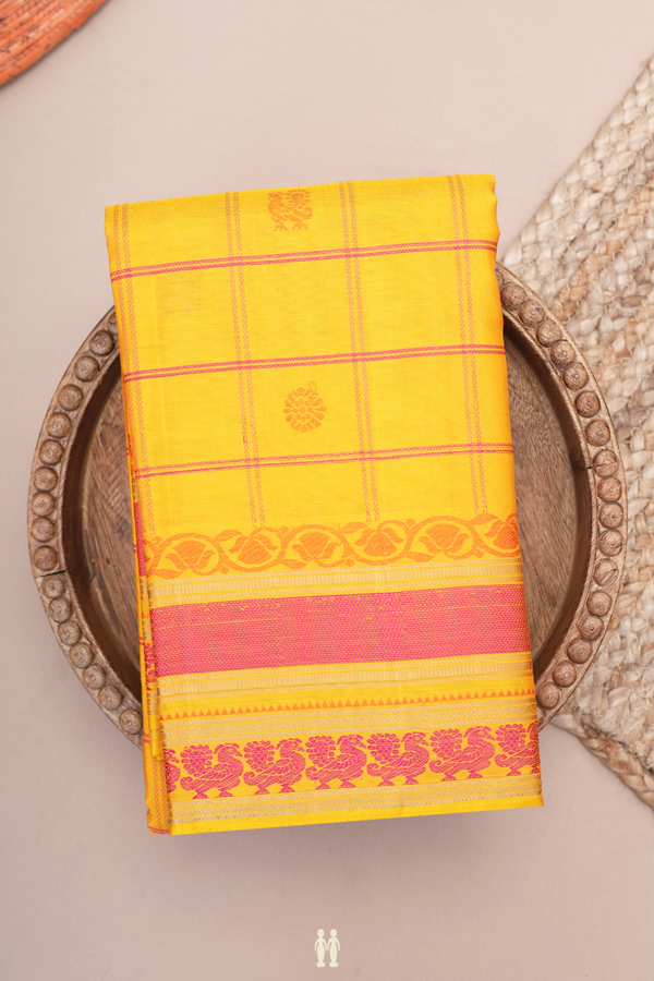 Kanchipuram Silk Saree In Honey Yellow With Checks Design