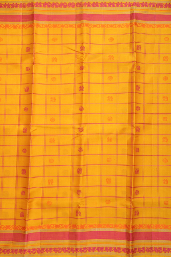 Kanchipuram Silk Saree In Honey Yellow With Checks Design