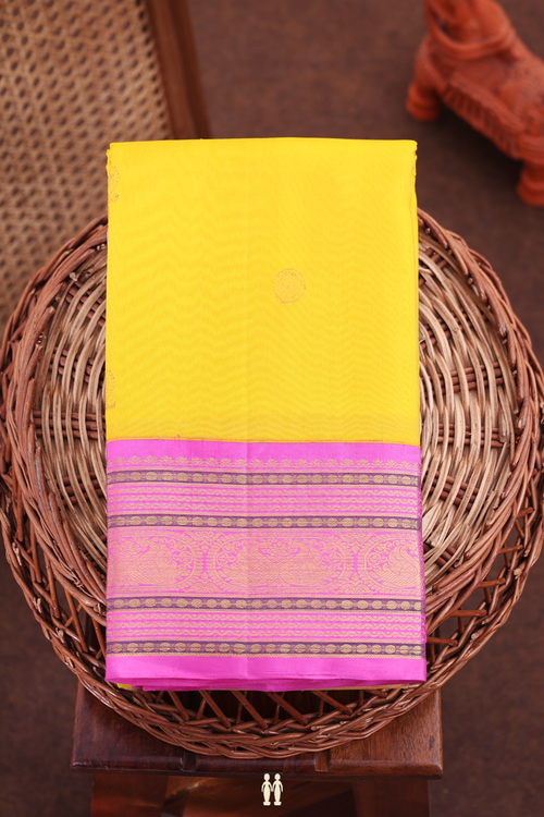 Kanchipuram Silk Saree In Honey Yellow With Peacock Buttas