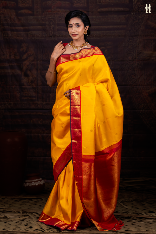 Kanchipuram Silk Saree In Honey Yellow With Peacock Buttas