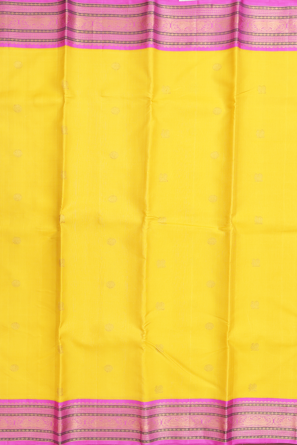 Kanchipuram Silk Saree In Honey Yellow With Peacock Buttas