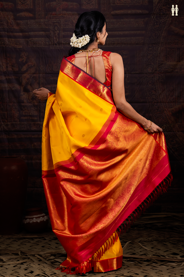 Kanchipuram Silk Saree In Honey Yellow With Peacock Buttas