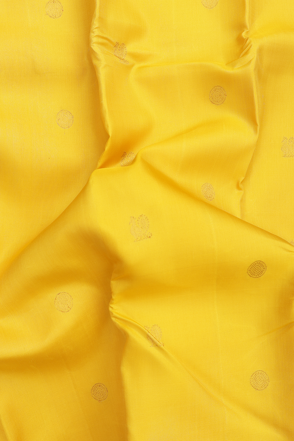 Kanchipuram Silk Saree In Honey Yellow With Peacock Buttas